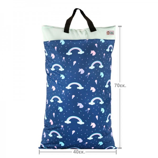Τσάντα αδιάβροχη πολλαπλών χρήσεων Wet & Dry / απλύτων μεγάλου μεγέθους, πολύχρωμη - γαλάζια, με σχέδιο μονόκεροι, 40εκ. x 70εκ.