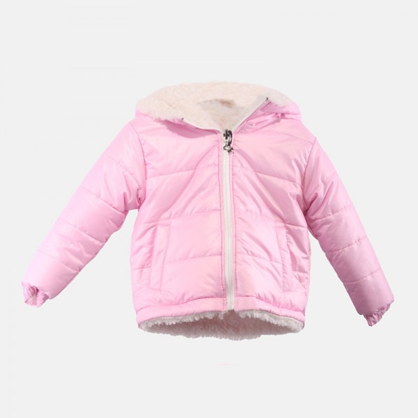 Μπουφάν διπλής όψης με γούνα, κουκούλα και τσέπες, ροζ - λευκό, junior