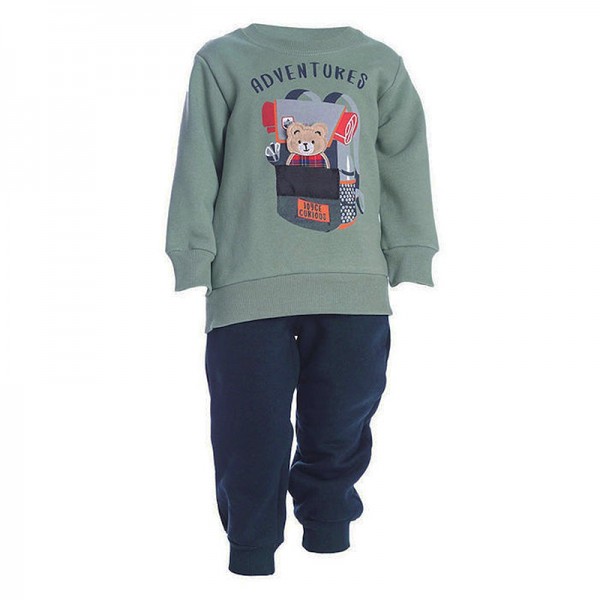 Σετ φούτερ παντελόνι - μπλούζα με στάμπα και σχέδιο αρκουδάκι, χακί - μπλε navy