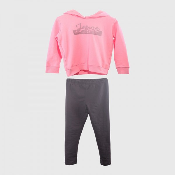 Σετ φούτερ παντελόνι - μπλούζα με κουκούλα, γκλίτερ και τύπωμα, ροζ - γκρι