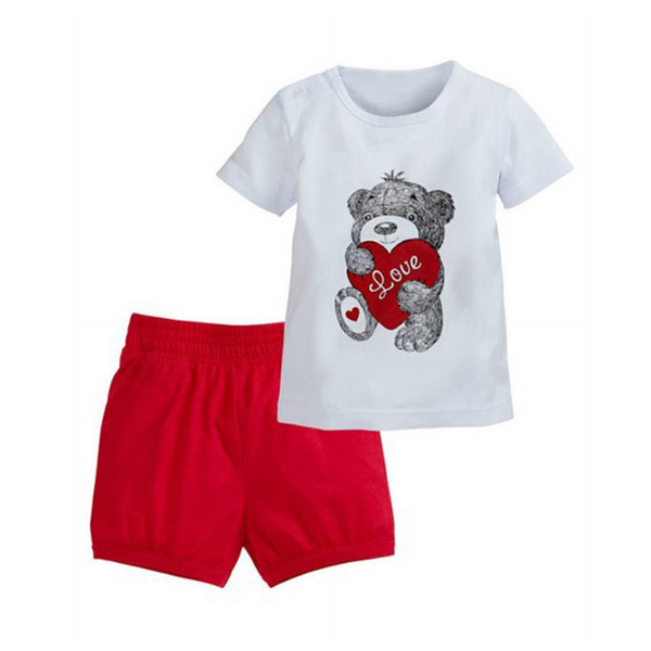 Σετ κοντό παντελονάκι - κοντομάνικο μπλουζάκι με σχέδιο αρκουδάκι και καρδιά, λευκό - κόκκινο