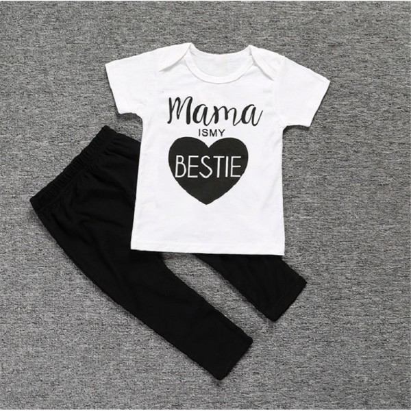Σετ παντελόνι - κοντομάνικο μπλουζάκι με στάμπα 'Mama is my Bestie', λευκό - μαύρο