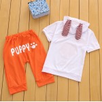 Σετ παντελόνι κάπρι - κοντομάνικο μπλουζάκι με στάμπα σκυλάκι και αυτάκια,  πορτοκαλί - λευκό
