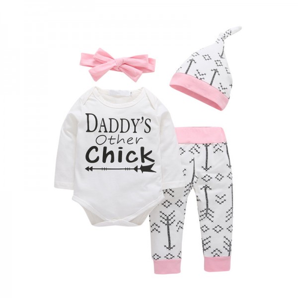 Σετ ζιπουνάκι, παντελόνι, σκουφάκι και κορδέλα με στάμπα 'DADDY'S other chick', λευκό - ροζ