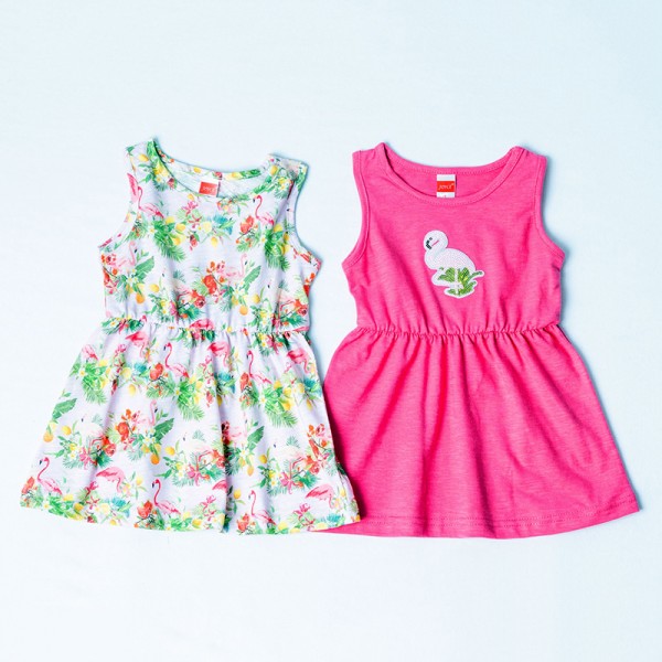 Σετ δύο φορέματα αμάνικα με σχέδιο φλαμίνγο, φούξια και ροζ