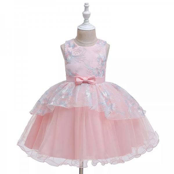 Φόρεμα αμάνικο με τούλι, κεντημένα σχέδια και φιόγκους, ροζ