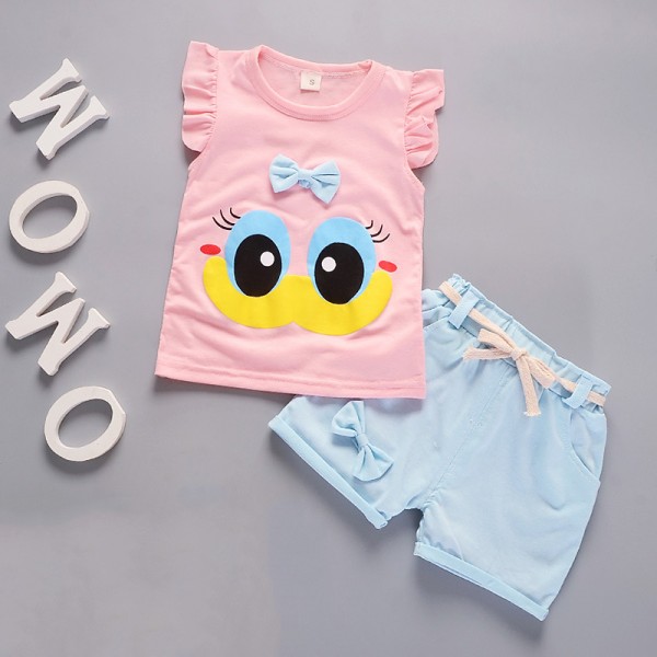 Σετ κοντό παντελονάκι - αμάνικο μπλουζάκι με σχέδιο παπάκι, ροζ - γαλάζιο