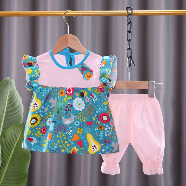 Σετ παντελόνι κάπρι - μπλουζοφόρεμα με σχέδιο λουλουδάκια και ιδιαίτερες λεπτομέρειες, μπλε - ροζ