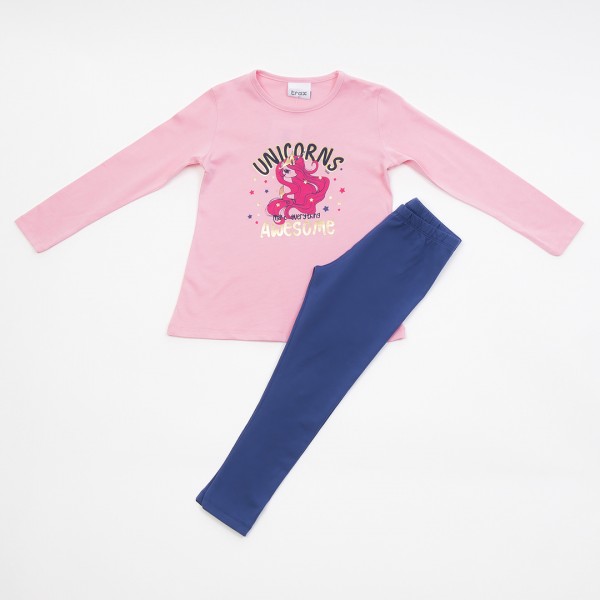 Σετ εποχιακό, κολάν - μπλούζα μακρυμάνικη με σχέδιο μονόκερο, ροζ - μπλε ρουά