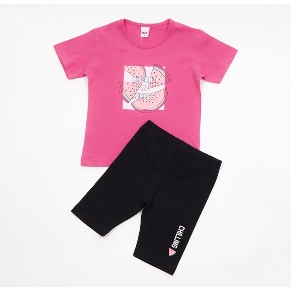 Σετ κολάν ποδηλασίας - μπλούζα κοντομάνικη με στάμπα καρπούζι, ροζ - μαύρο