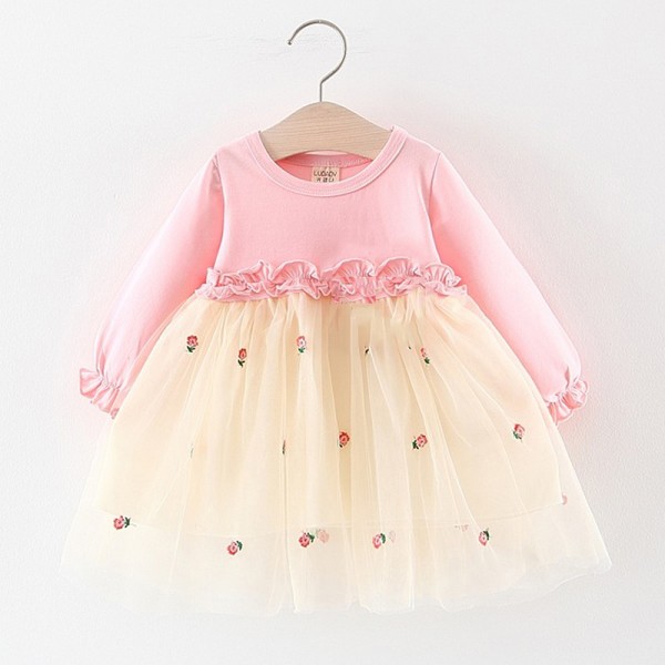 Φόρεμα με τούλι και ιδιαίτερες λεπτομέρειες στη μέση και τα μανίκια, ροζ - λευκό